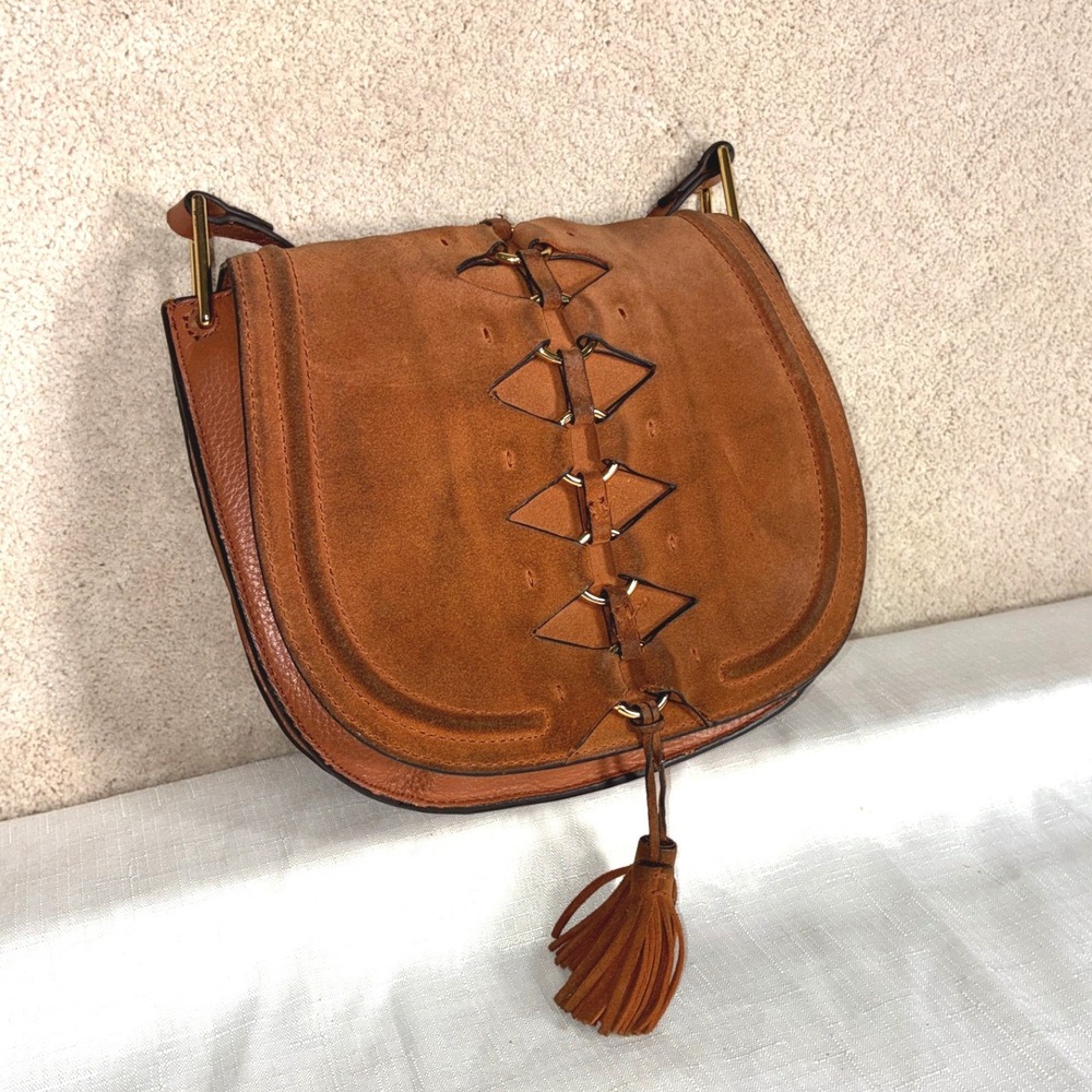 Ancel Suede Leather Crossbody Bag Thai Tea Brown Lace Up Tassel